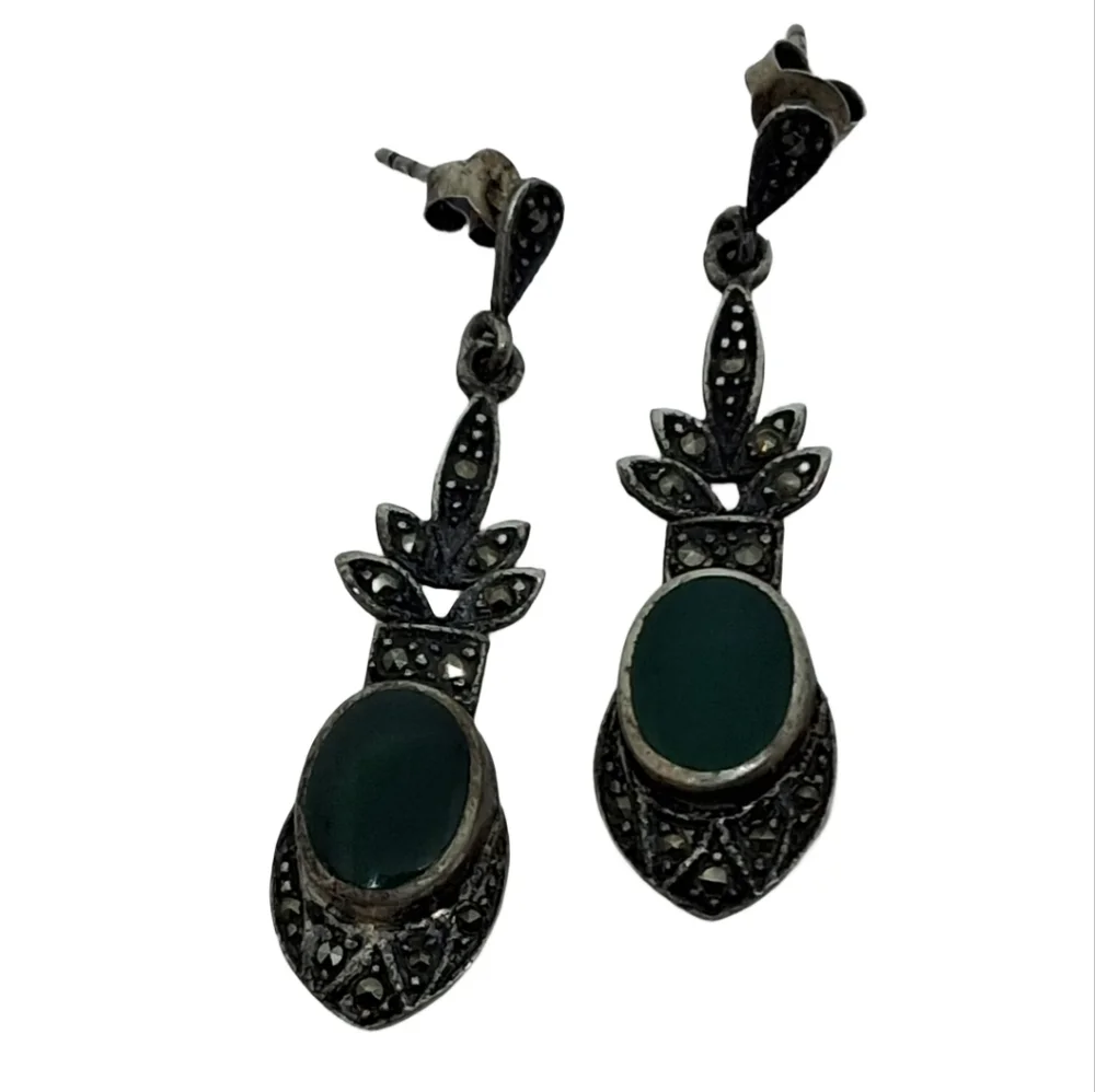Vintage Sterling Silver Marcasite & Green Onyx Drop Earrings | Art Deco Style - Picture 3 of 5